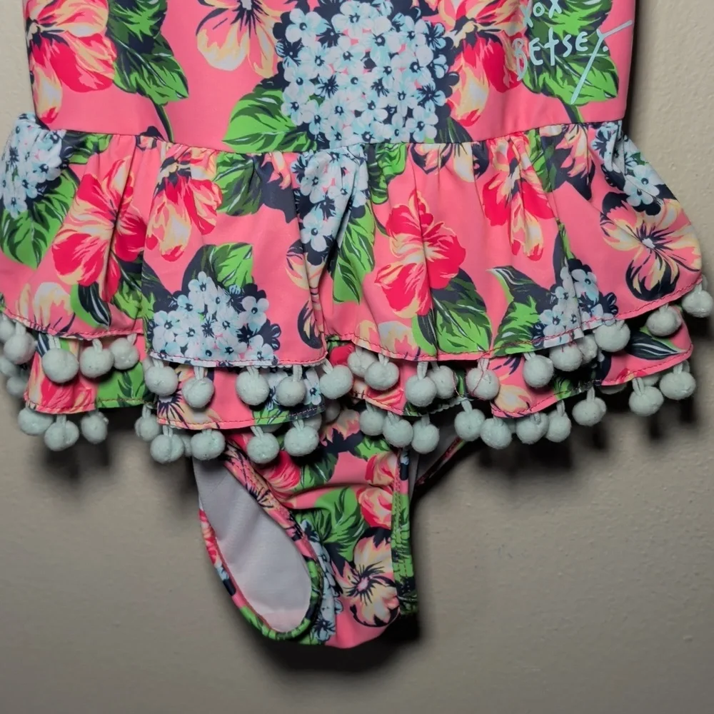 Betsey Johnson One-Piece Swimsuit Pink Blue Floral Ruffle Pom-Pom Trim Size M 10